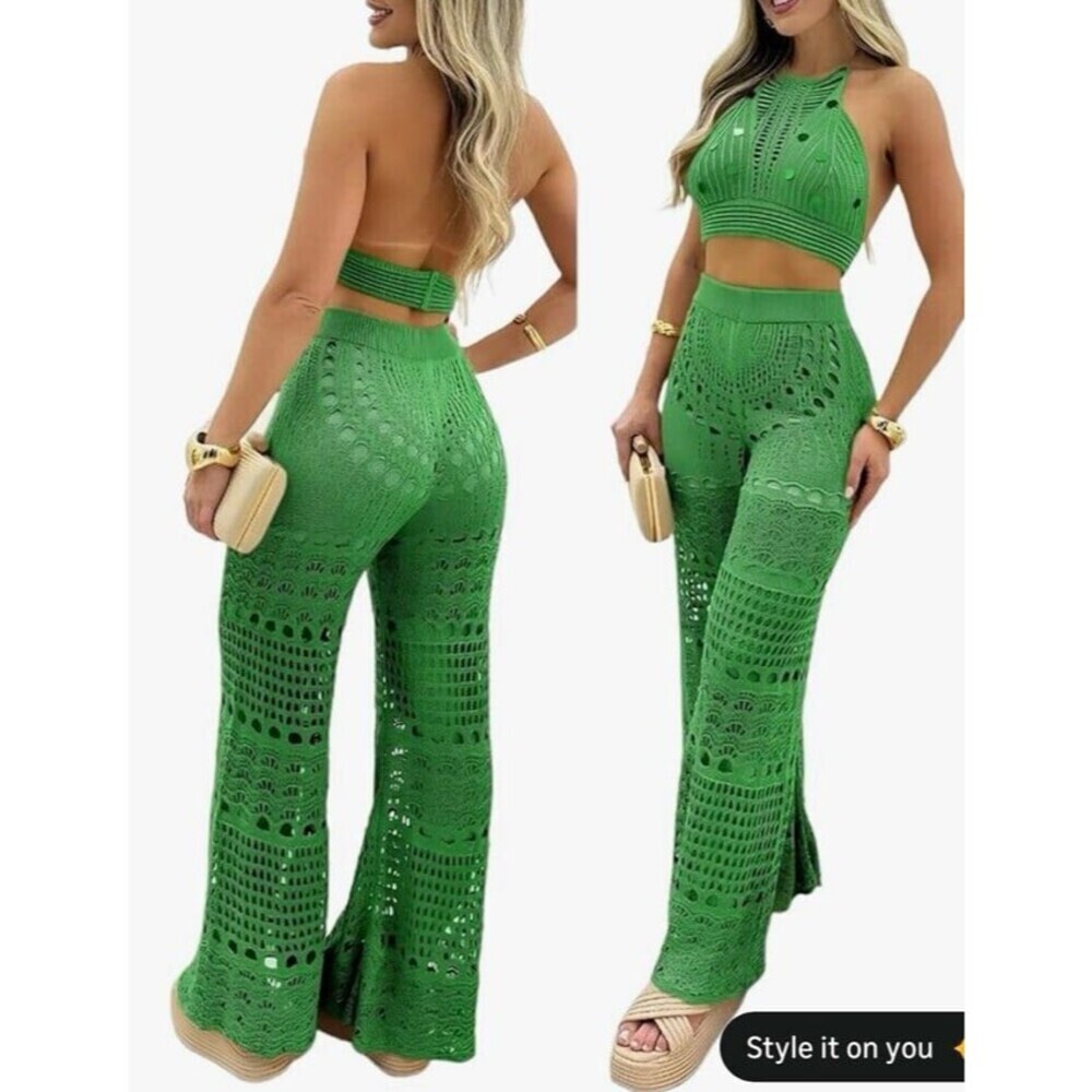 NWOT 2 Piece Crochet Cover Up Halter Crop Top and High Waist Pants Set M